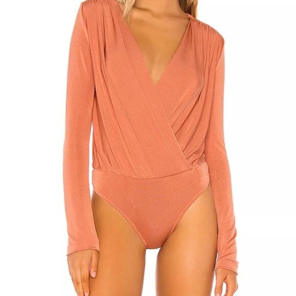 Free‎ People Turnt Bodysuit Ginger Spice Womens XS Surplice Long Sleeve Shimmer - Picture 1 of 8